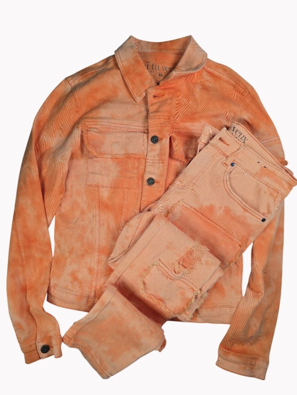 Si Tu Veux size Medium 2pc Orange Tie Dye Denim Jacket & Jeans Set Distressed